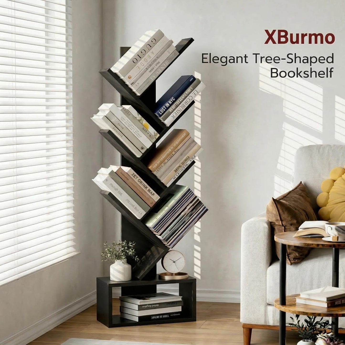 6 Tier Tree Book Shelf - Small Bookshelf Decor, Corner Bookshelf, Living Room Storage, Tall Narrow DVD & CD Shelf Storage Bookshelves, Black