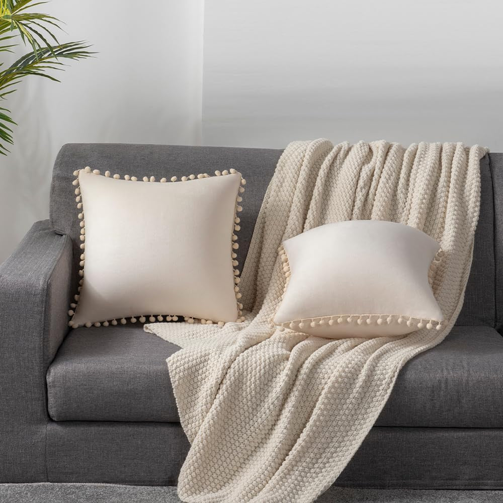 Couch Pillow Covers 20X20 Beige: 2 Pack Cozy Soft Pom-Poms Velvet Square Throw Pillow Cases for Farmhouse Home Decor