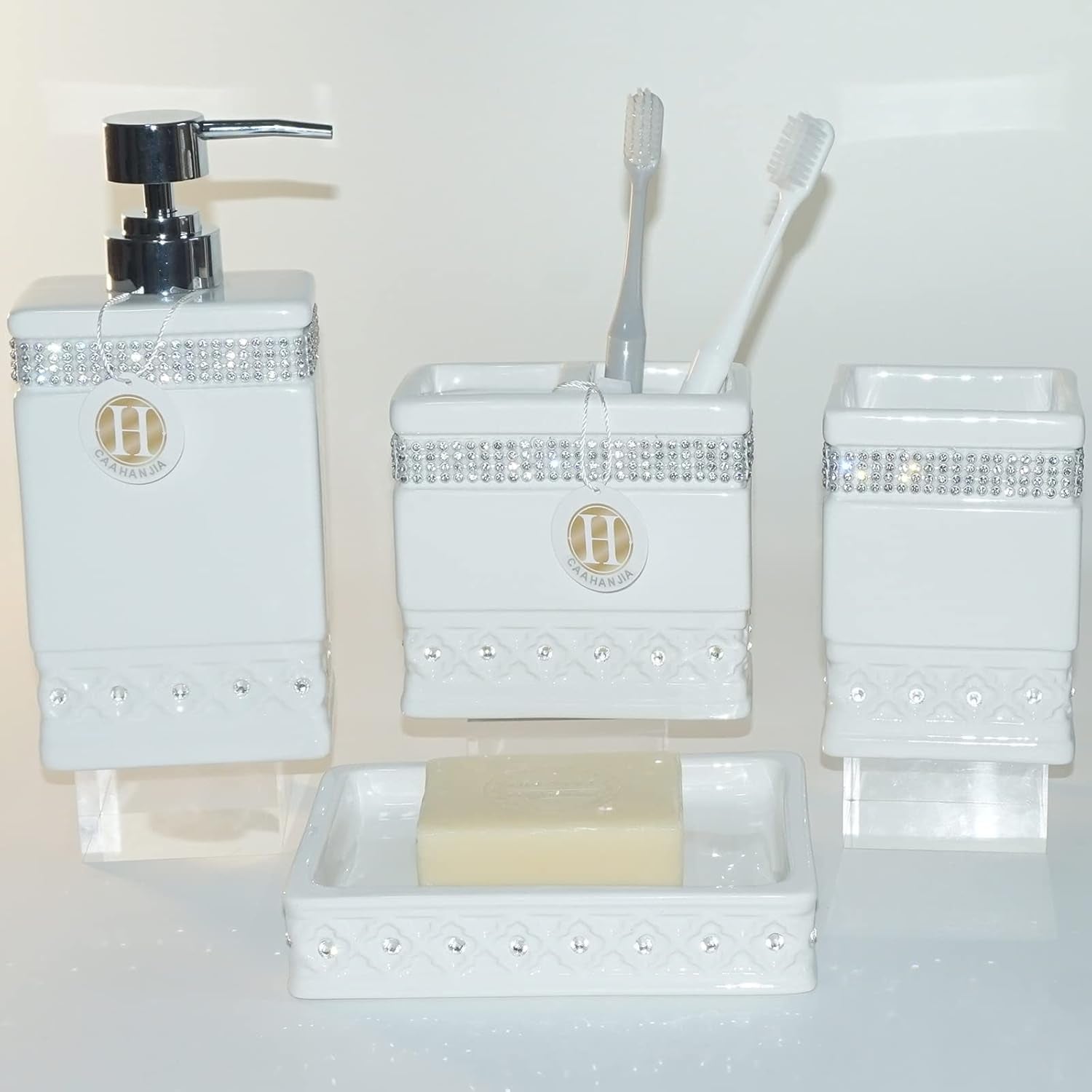 Bathroom Accessories Set 4 Pcs-Ceramic Set, Soap Dispenser Pump, Toothbrush Holder, & Tumbler Cup & Soap Dish 