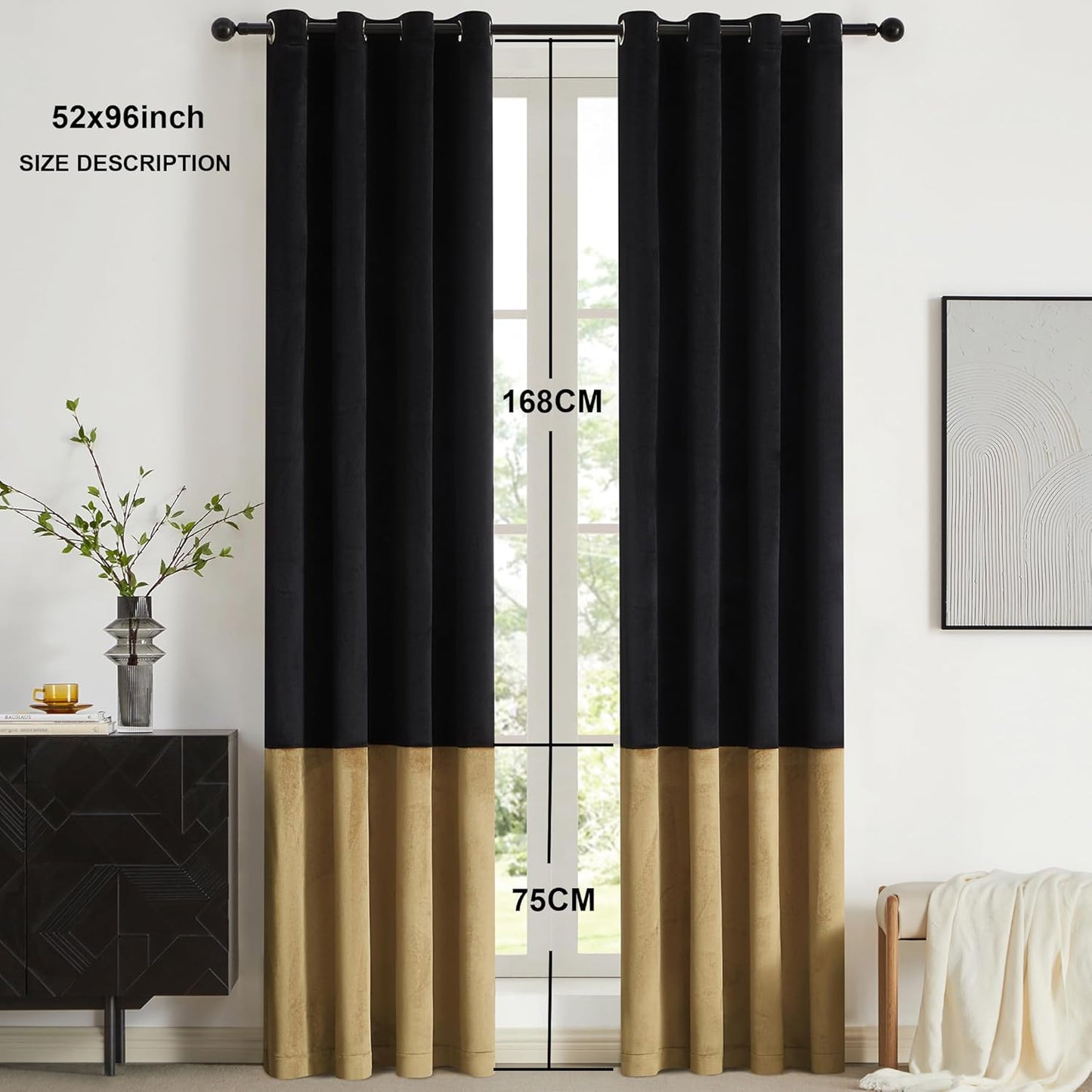 Black Gold Color Block Window Curtains Panels 96 Inches Long Velvet Farmhouse Drapes