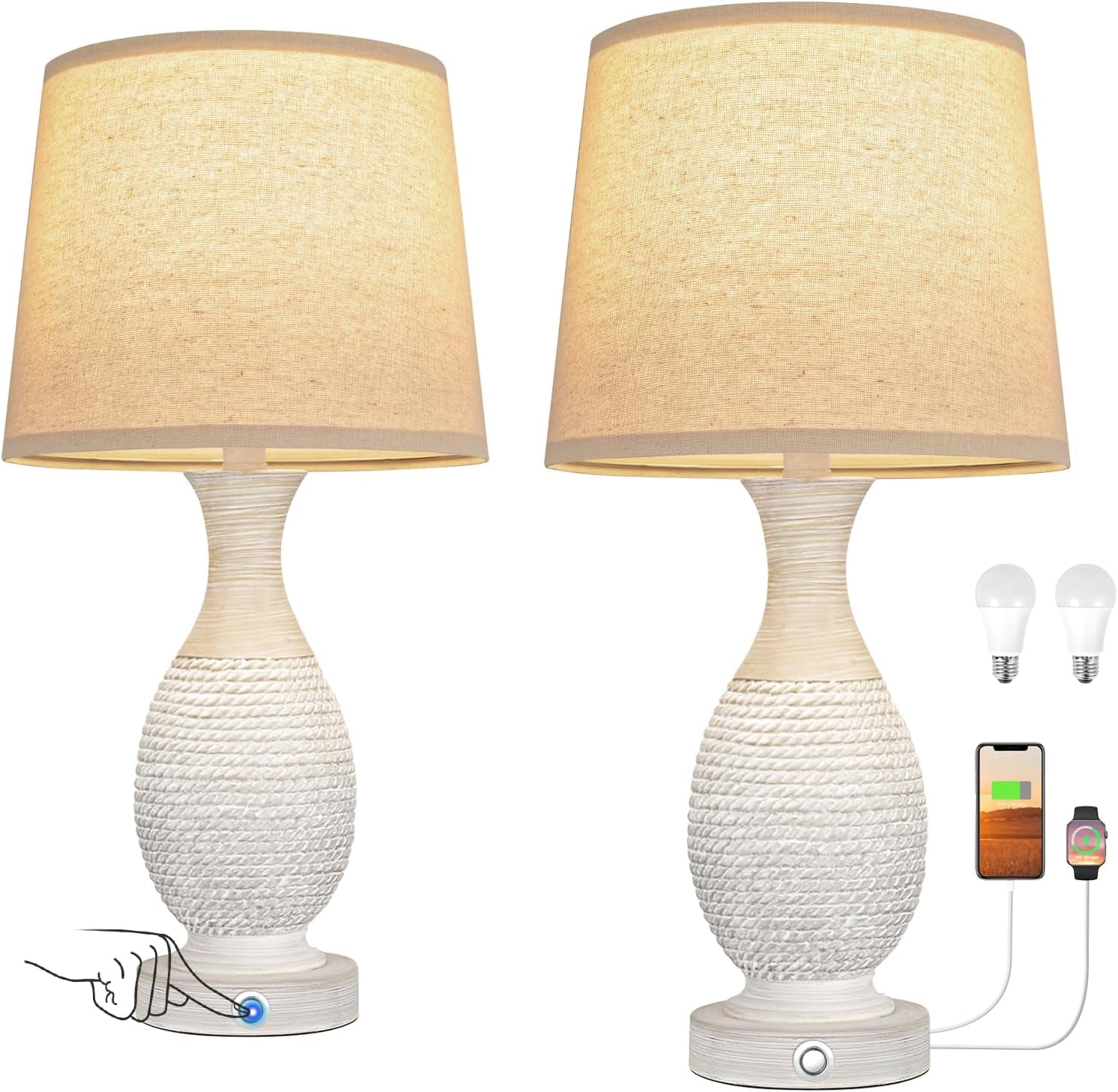 Farmhouse Side Table Lamps-Set of 2, 3-Way Dimmable Touch Lamps with Oat Fabric Shade (Bulbs Included)