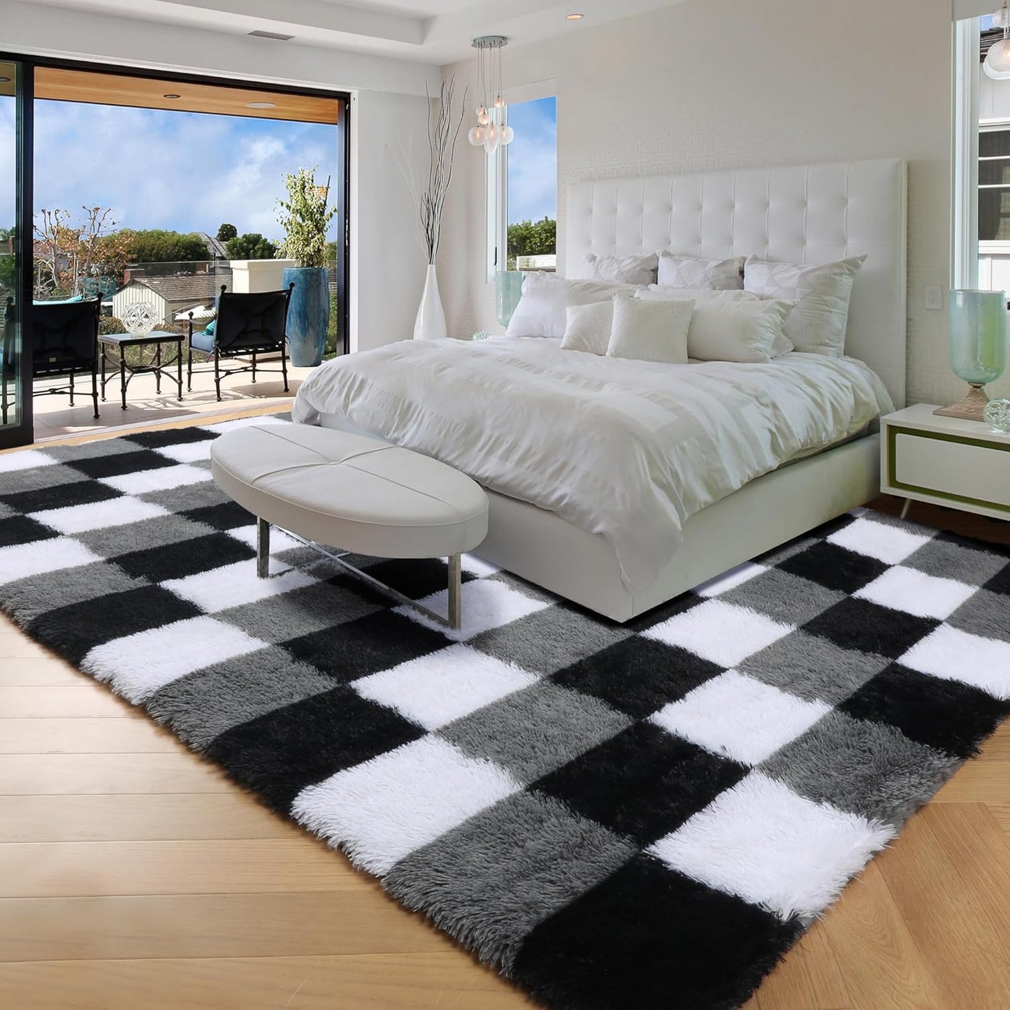 Area Rugs for Bedroom, 4X6 Fluffy Soft Black White Grey Checkered Rug Fuzzy Shag Shaggy Floor Carpet