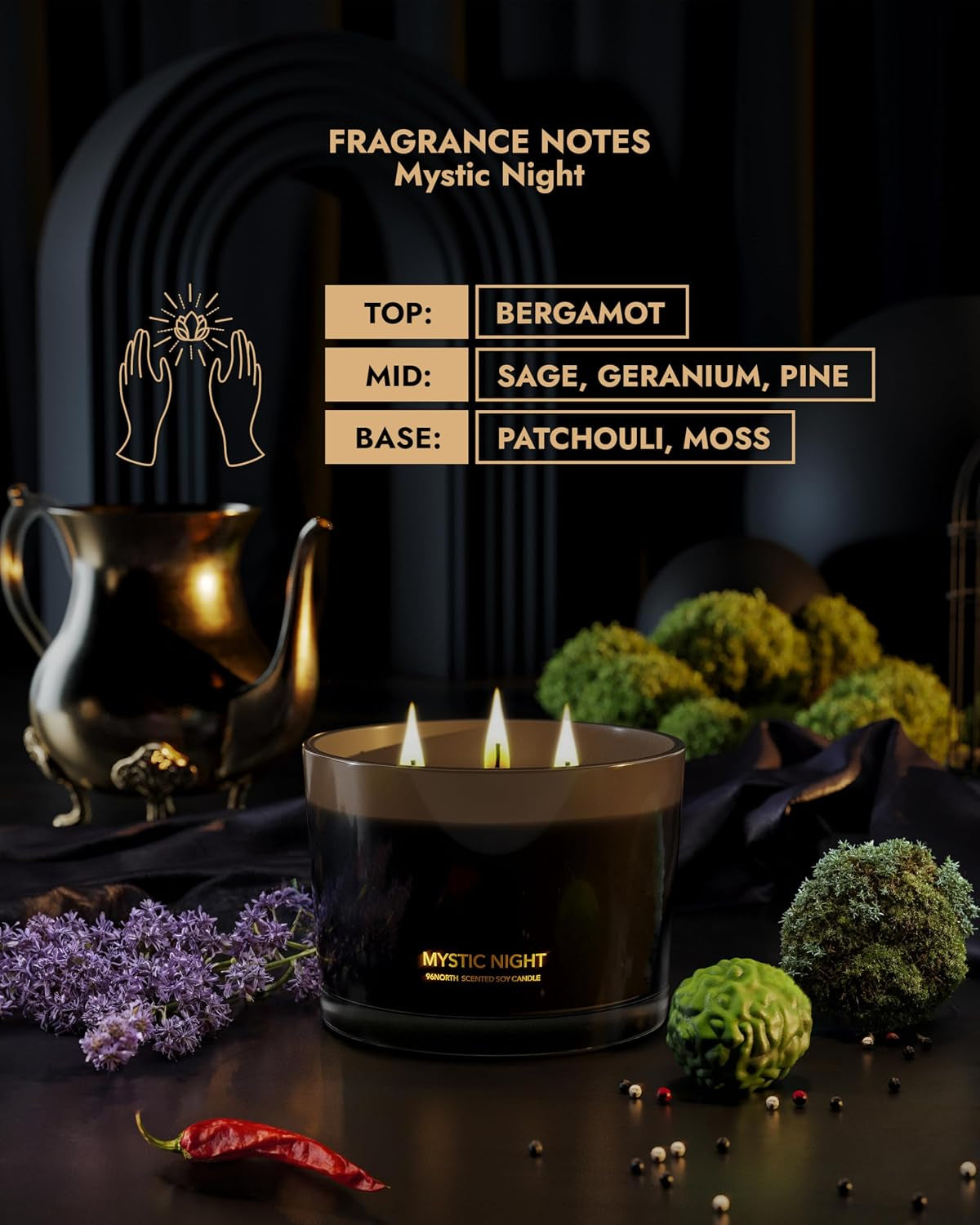 Luxury Black Candle | Large 3-Wick Jar Candle | up to 40 Hours Burning Time | 100% Natural Soy Wax | Relaxing Aromatherapy Aesthetic Candle | Housewarming Gift for Men and Women