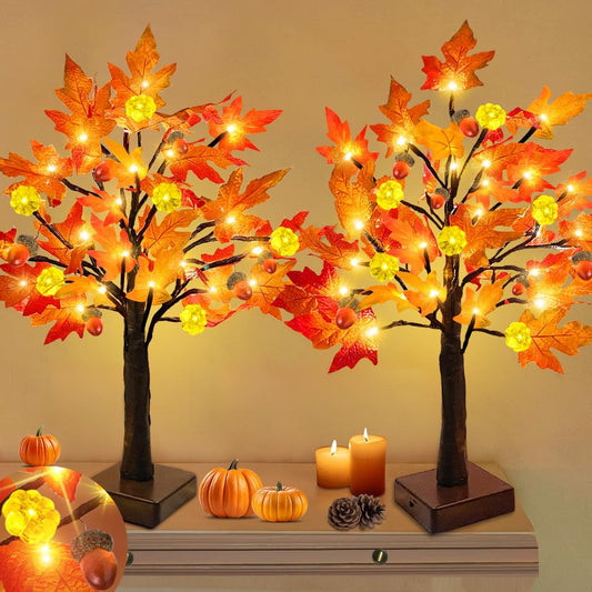 2 Pack 24 Inch Prelit Fall Maple Tree 48Leds Timer Acorn Pumpkin Lights, Battery Operated\