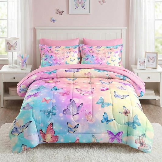 Comforter Set Twin Size, Pink Blue Butterfly 5 Pcs Bedding for Girls, Purple Colorful Rainbow Bed Sheet Sets with Fitted Sheet Pillowcase & Sham 