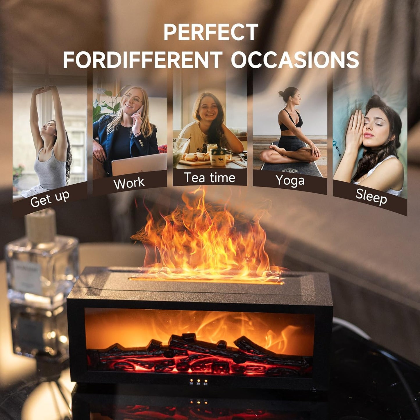 Fireplace Flame Air Diffuser Humidifier,7 Colors Aromatherapy Essential Oil Diffuser (Black, L)