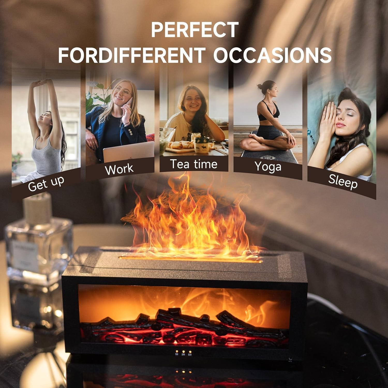 Fireplace Flame Air Diffuser Humidifier,7 Colors Aromatherapy Essential Oil Diffuser (Black, L)