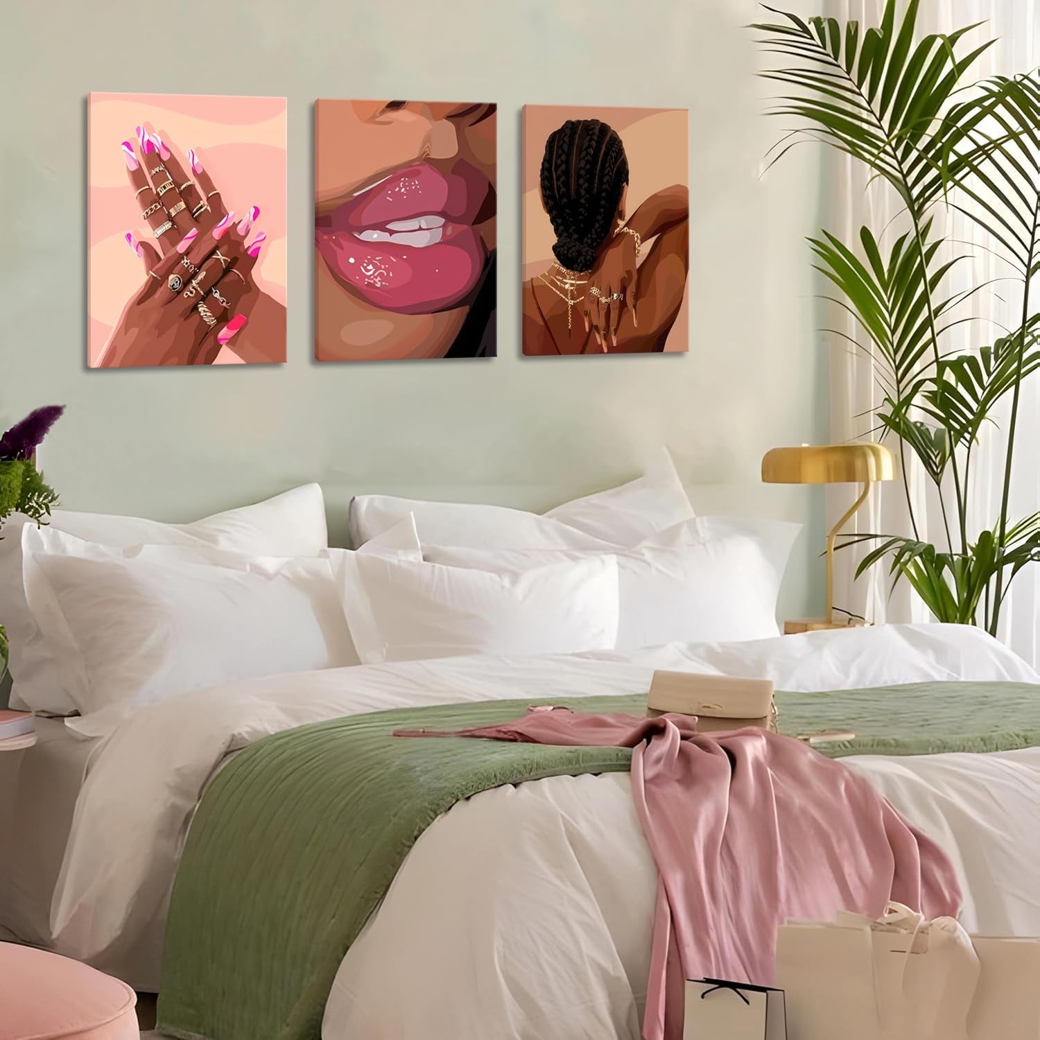 Black Girl Pink Wall Art Set of 3 African American Black Women Canvas Posters Fashion for Bathroom Decoration 12X16 Inch Framed