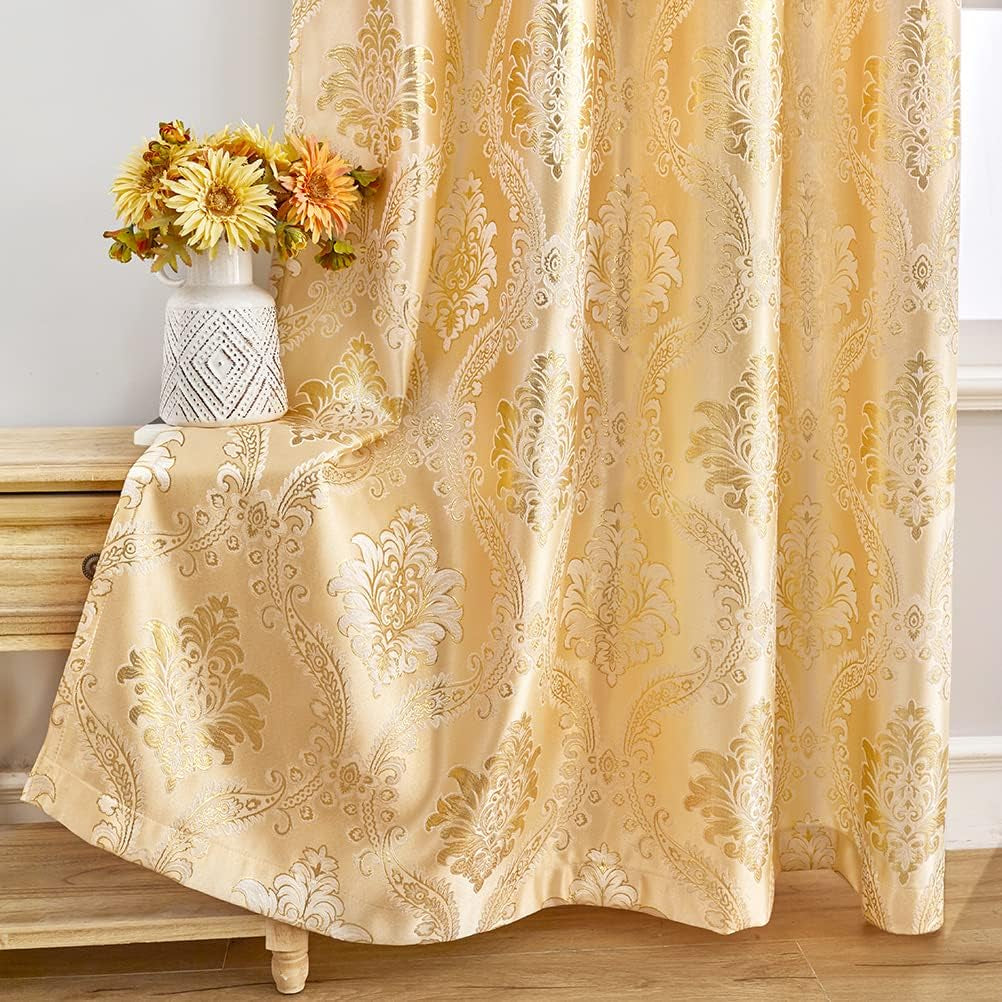 Luxury Gold Curtains, Grommet Top,2 Panels (Damask-Golden, 52" W X 84" L)