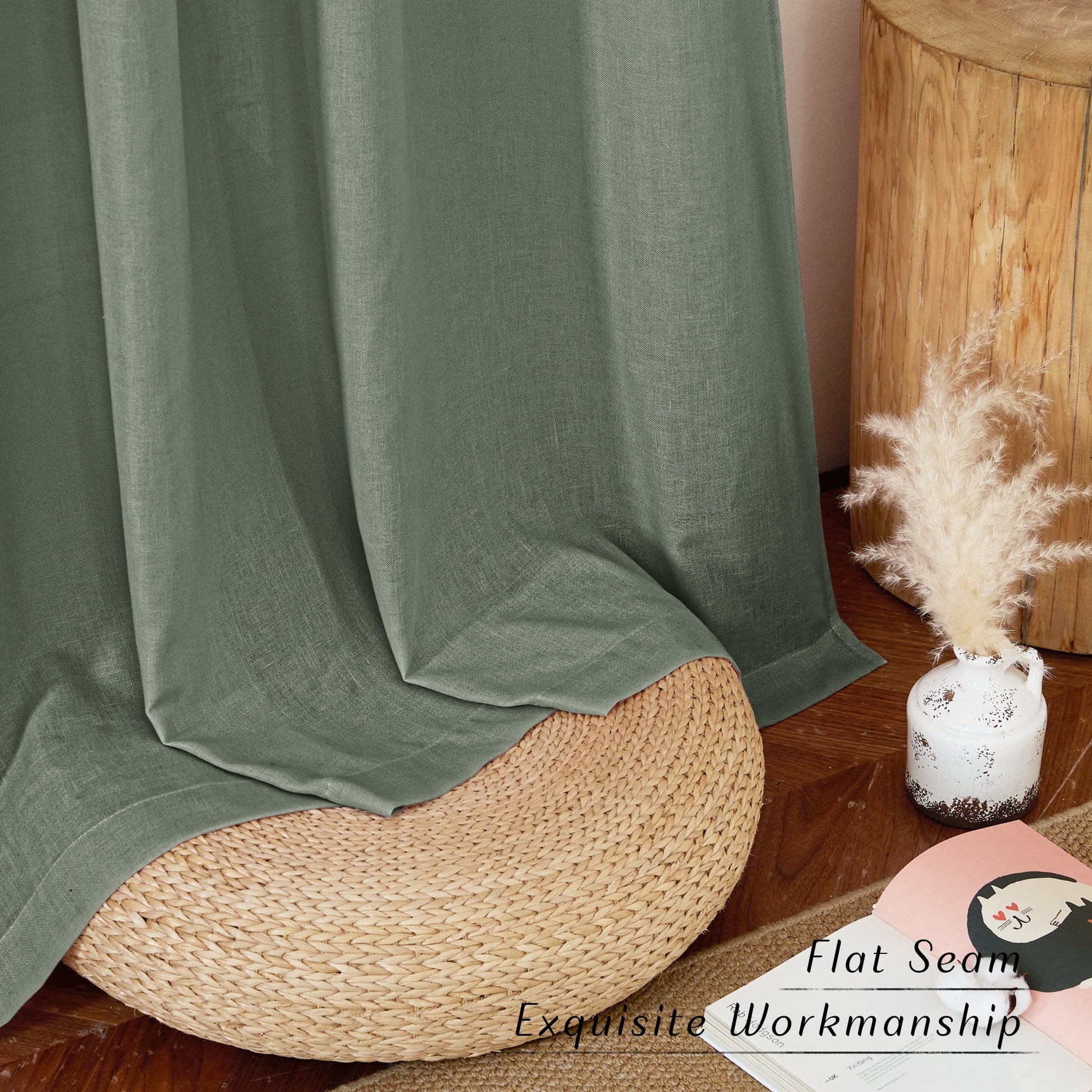 Linen Curtains 84 Inches Long, Grommet Thick Linen Blend Drape Farmhouse Light Filtering Privacy Protection Window Treatment, Lichen, 55"X84", 2 Panels