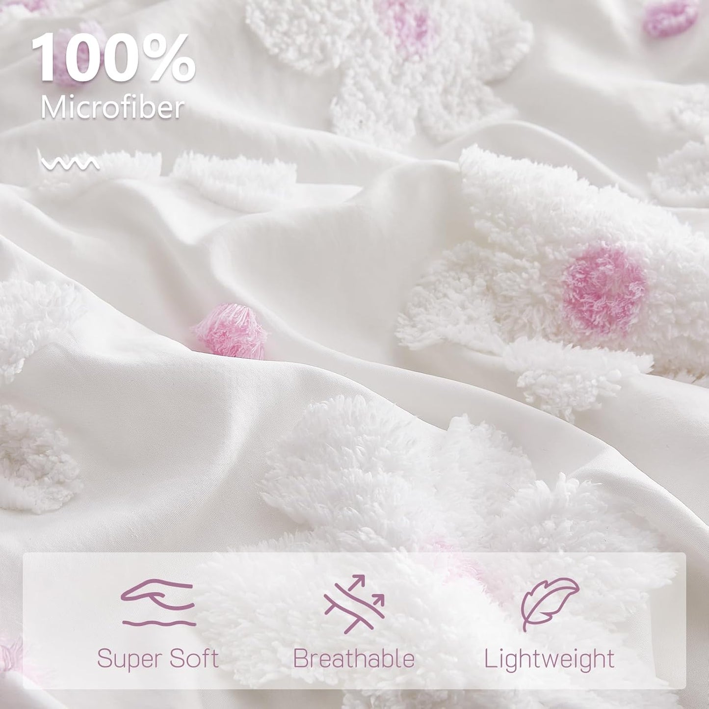 Twin Comforter Set for Girls 2 Pieces Tufted Daisies Flowers. Purple Floral Bedding, Lightweight