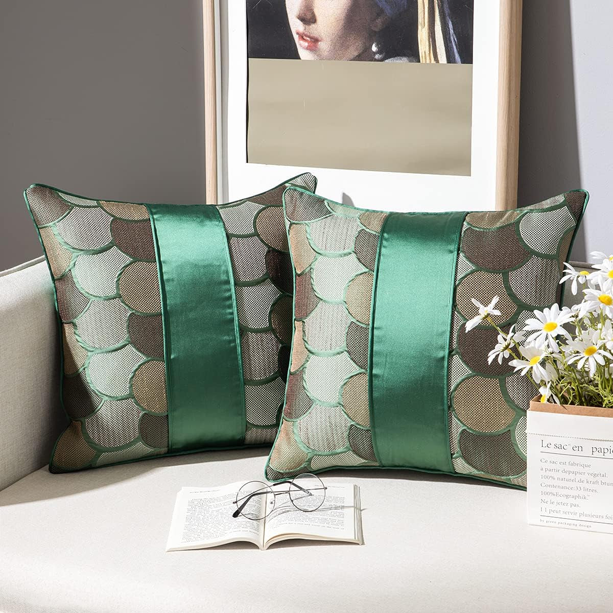 Decorative Throw Pillow Cover Luxury Jacquard Pillowcase Satin Square Cushion Case Geometric Pattern Shams for Couch Sofa Bed Bedroom Living Room 18 X 18 Inch