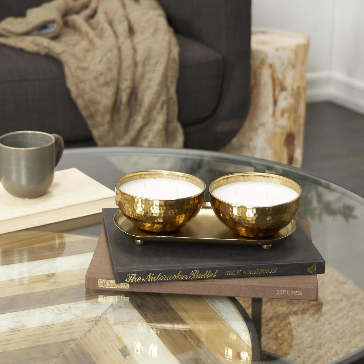 Deco 79 Metal Decorative Candle Egyptian Mint Scented Hammered 12 Oz 2 Wick Aromatherapy Candle with White Wax, Set of 2 Wax Aromatherapy Candle 10" W, 3" H, Gold