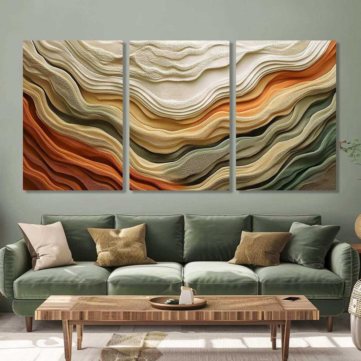 Abstract Neutral Earth-Tone Canvas Wall Art – 3 Panel Layered Landscape Print in Beige, Green & Terracotta – Modern Wall Decor for Living Room, Bedroom, or Office (12" X 18" X 3 Pcs)