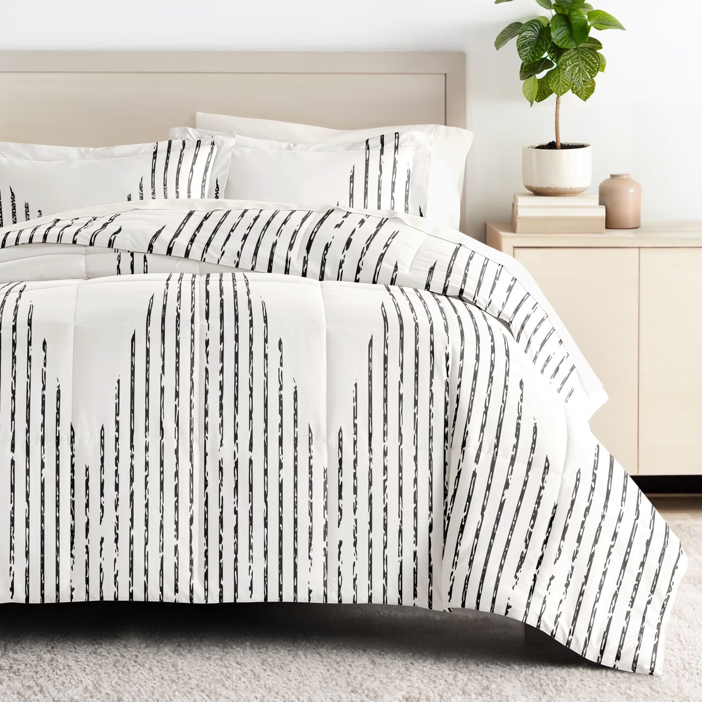 Full Bedding Bundle, Patterned Microfiber Comforter and Solid Sheet Set in Diamond Stripe Gray