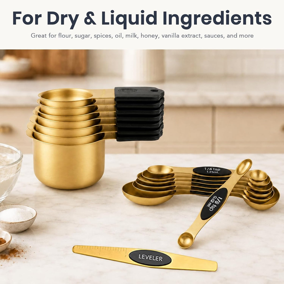 15-Piece Gold Magnetic Measuring Cups and Spoons with Leveler, Dual Scale