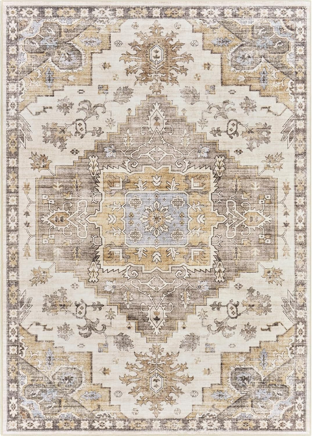 8X10 Area Rugs for Living Room, Stain Resistant Neutral Washable Rugs, Floral Vintage Non-Slip Thin (Brown)