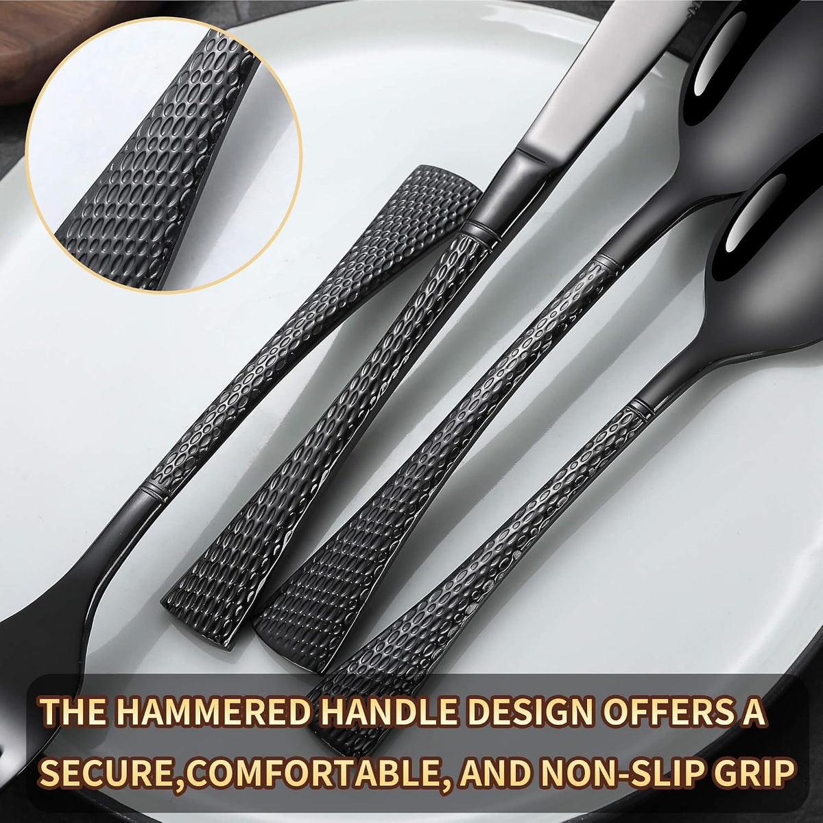 Hammered Black Silverware Set,20 Piece Modern Flatware Set Service for 4,Mirror Polished Stainless Steel Cutlery Set Utensil Set Tableware Set,Kitchen Knives Forks Spoons Set,Dishwasher Safe