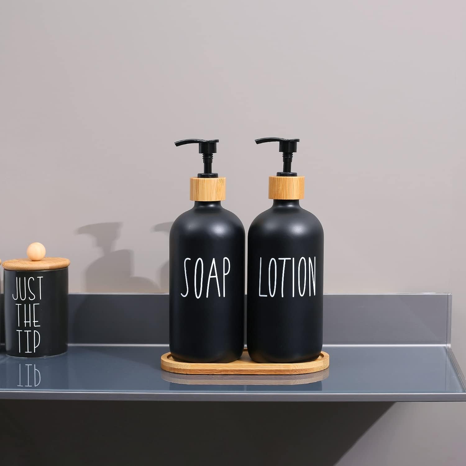 Black Dispenser Bathroom Set With Tray. Hand and Lotion 