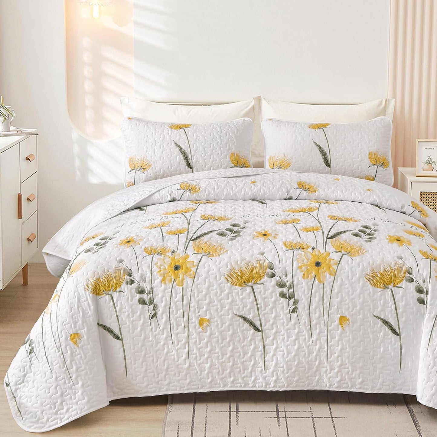 Floral Quilt Set California King Size, Yellow Flower Bedspread Farmhouse Fall Bedding Soft Lightweight Summer Quilts 3 Piece (Cal King,110"X96")