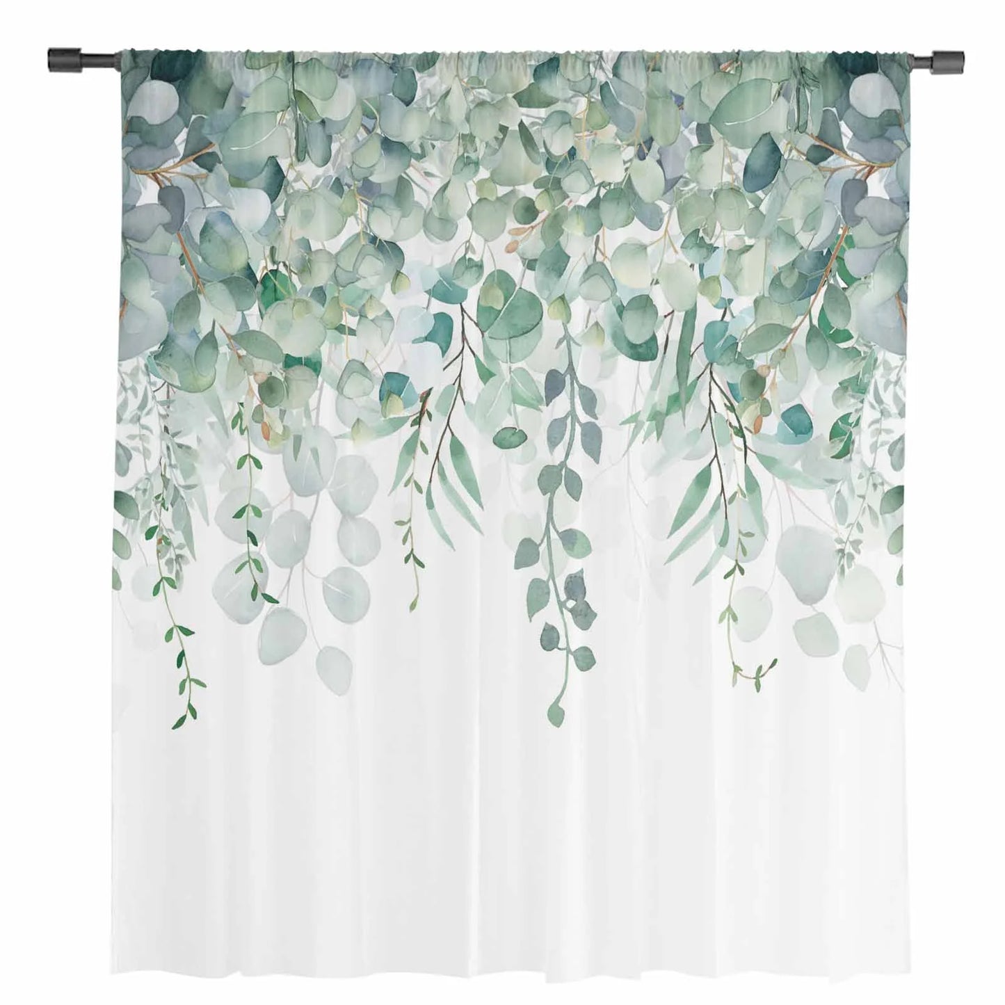 Teal Eucalyptus Leaves Semi Sheer Curtains Drapes, French Doors Window 54 Inches Long, Spring Floral Summer Botanical Rod Pocket Chiffon Curtain Drapery Voile Drape Panel