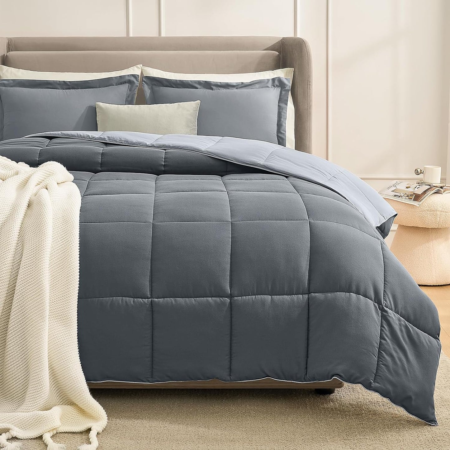 California King Comforter Set, Lightweight Reversible Dark Grey/Light Gray