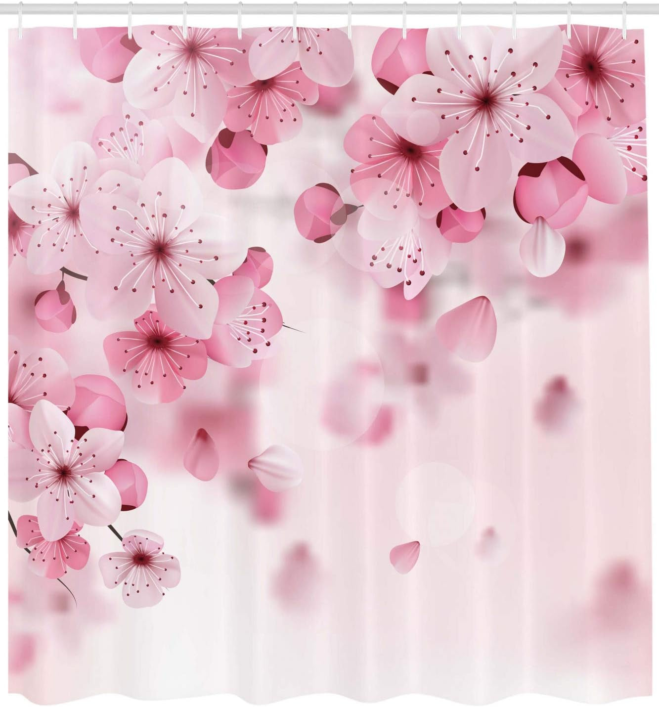 Floral Shower Curtain, Japanese Sakura Flowers with Hooks, 69" W X 70" L, Pale Pink Pale Pink