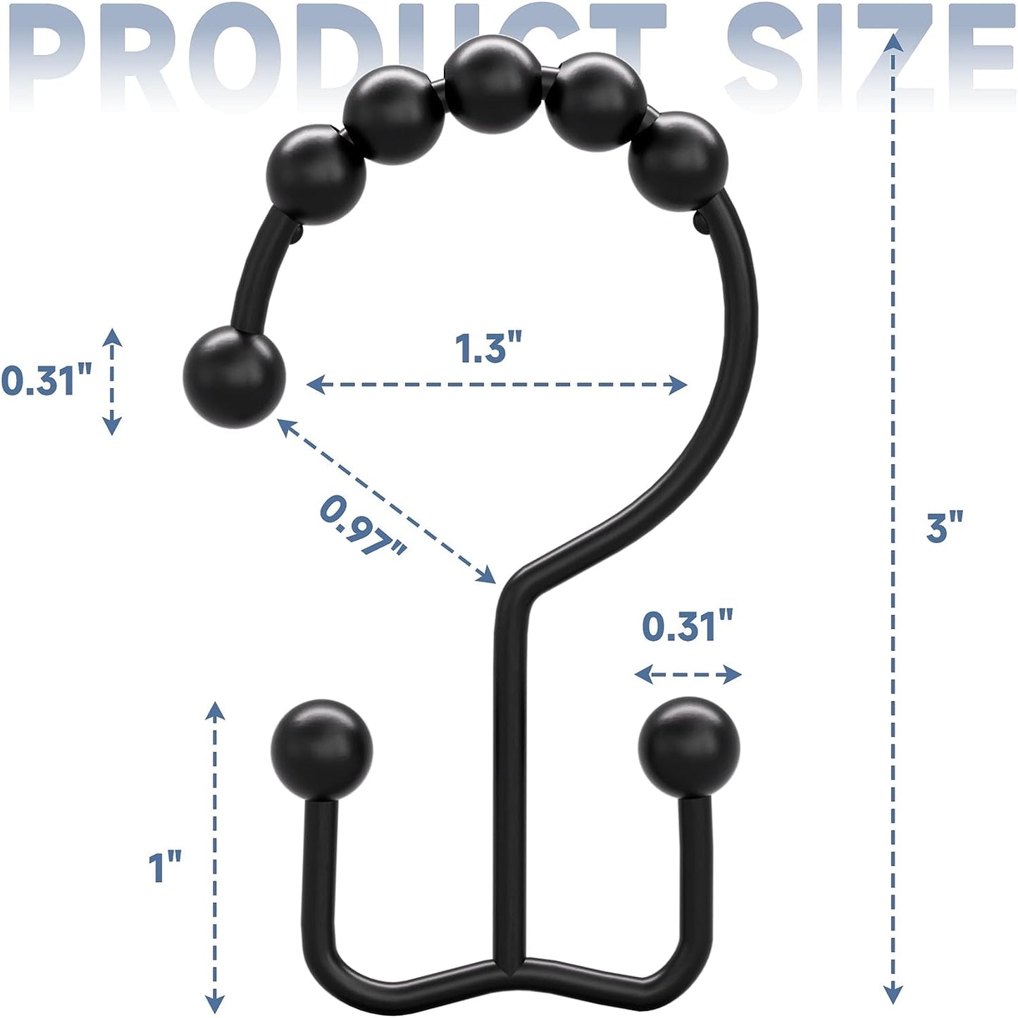 Matte Black Shower Curtain Hooks Rings, Rust-Resistant Metal, Set of 12 Hooks 