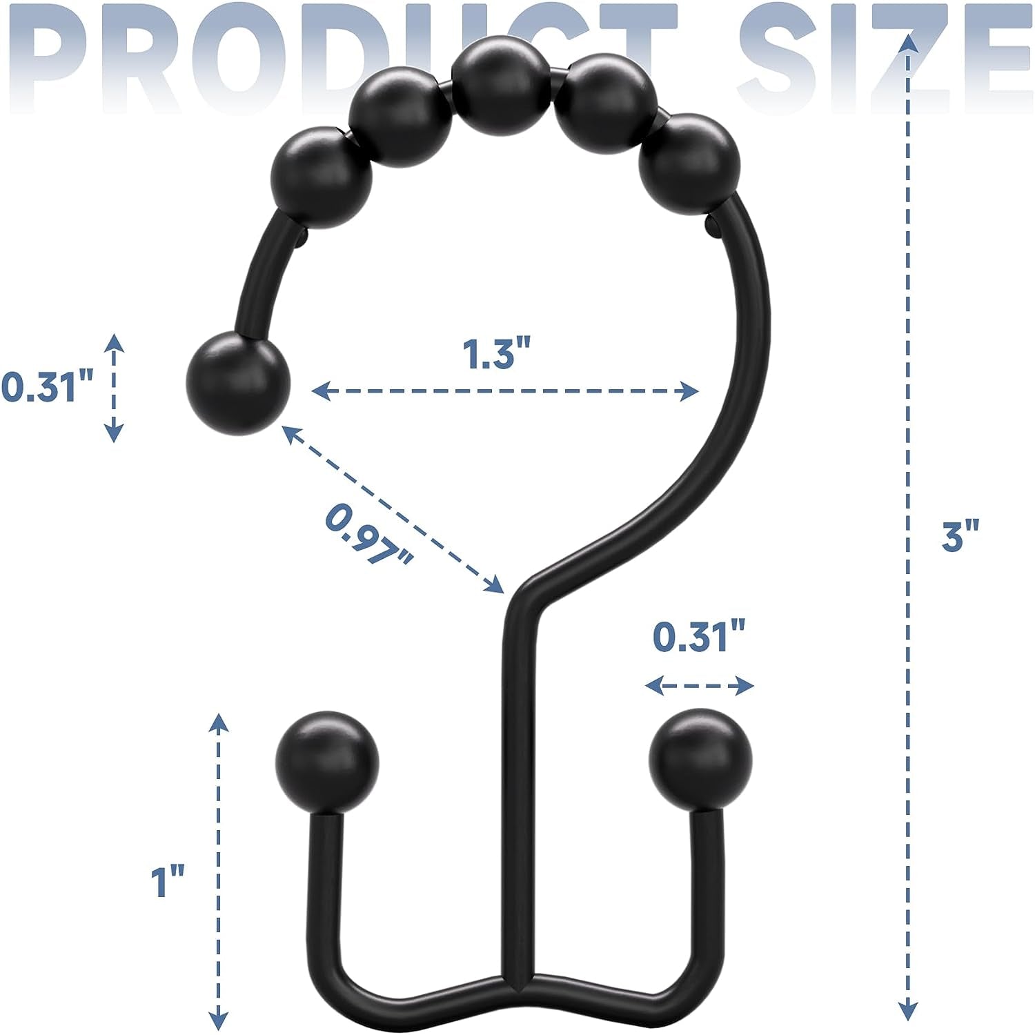 Matte Black Shower Curtain Hooks Rings, Rust-Resistant Metal, Set of 12 Hooks 