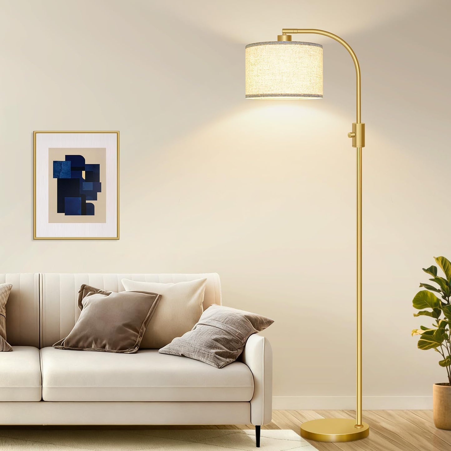 Upgraded Modern Arc Dimmable Tall Standing Floor Lamp with Linen Shade, 1200 Lumens LED Bulb Included, Gold