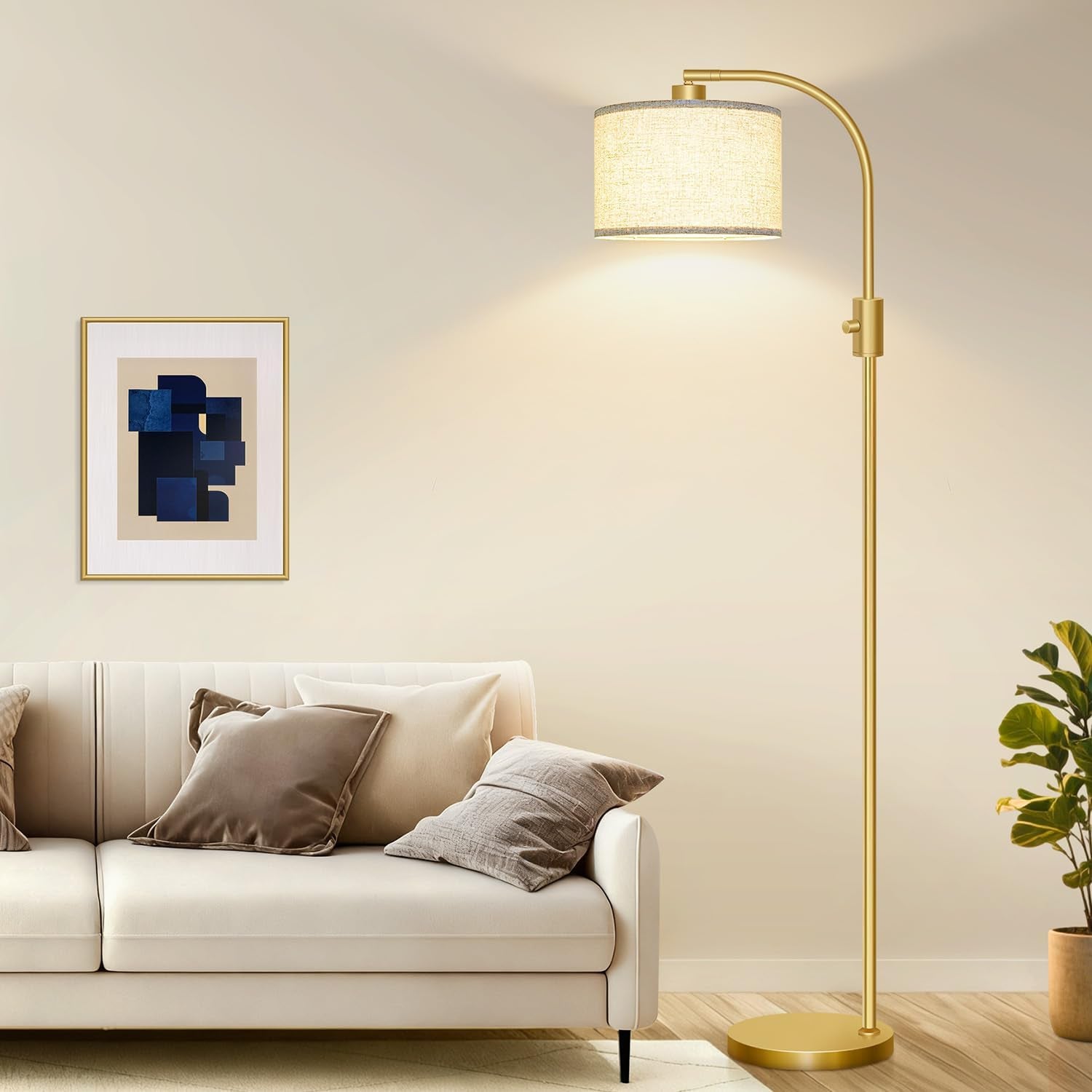 Upgraded Modern Arc Dimmable Tall Standing Floor Lamp with Linen Shade, 1200 Lumens LED Bulb Included, Gold