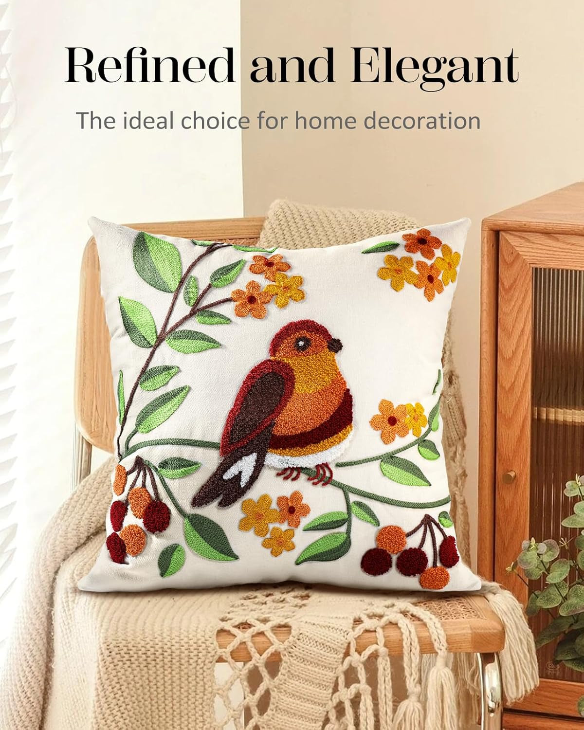 Embroidered Throw Pillow Covers - 18X18 Decorative Pillow Covers with Zipper Aesthetic Cute Design, Tree Bird