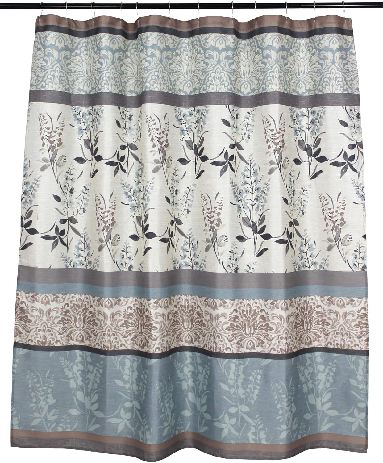 Farmhouse Floral Bordered Damask Shower Curtain - Light Blue, Beige, and Grey (72 X 70 Inches)