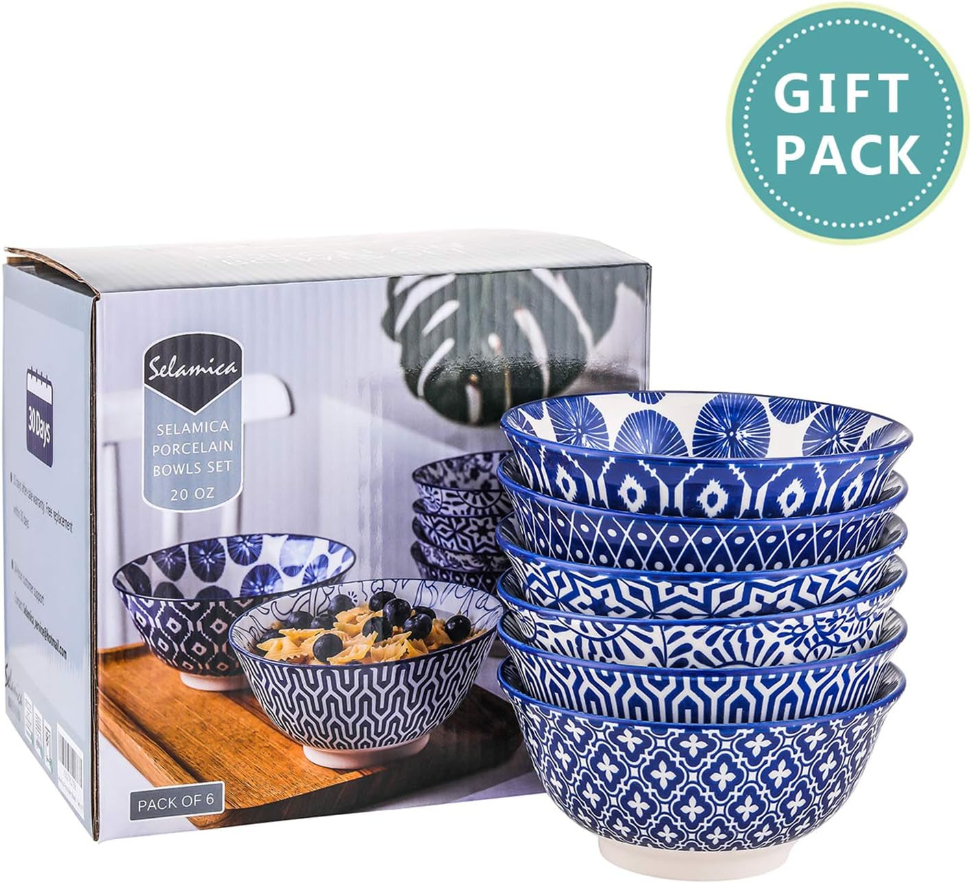 Blue and White Porcelain 20Oz Cereal Bowl Set - Set of 6, 6 Inch Soup Bowls, Vintage Blue