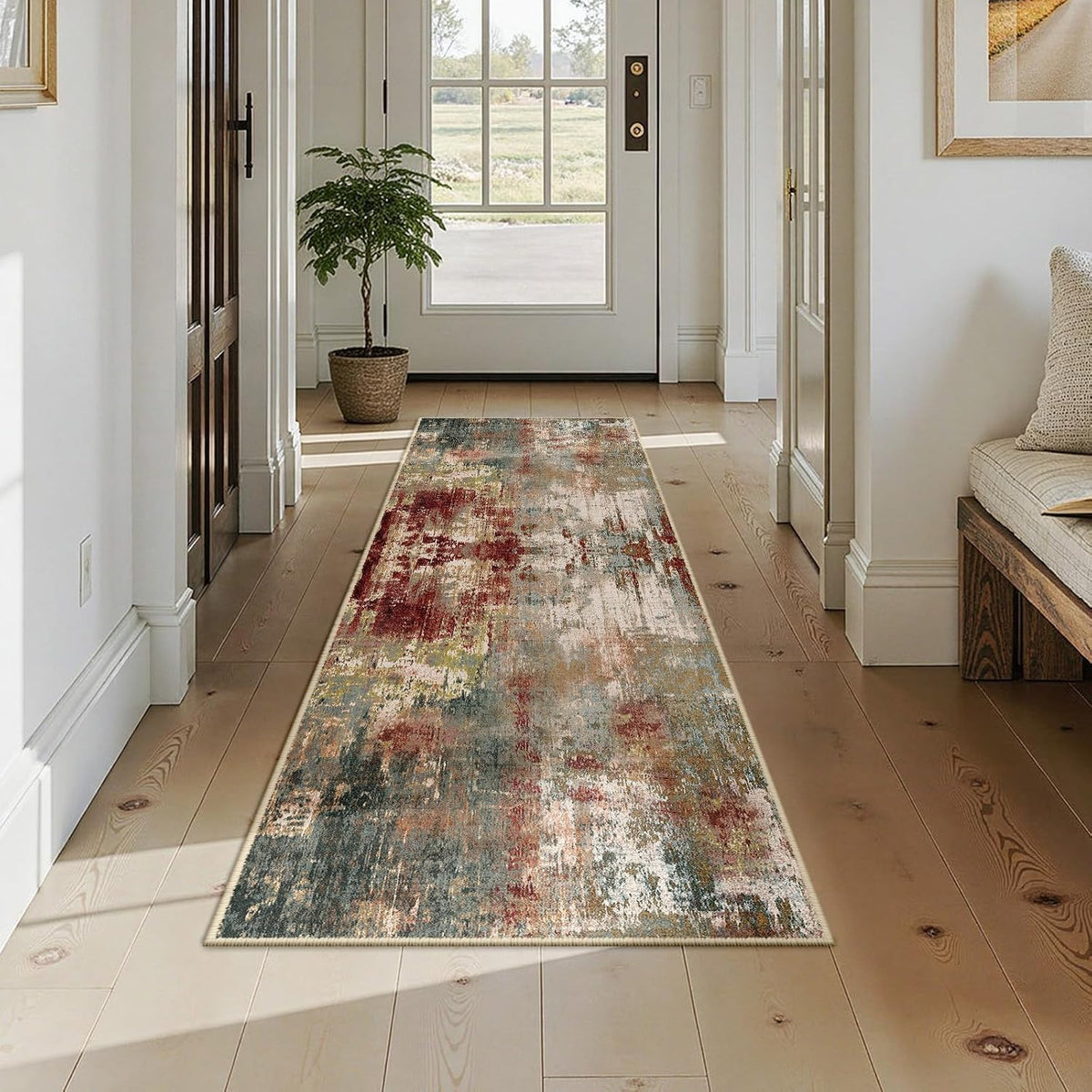 Washable Runner 2'X7' Abstract Area Rug for Hallway Rustic Brown