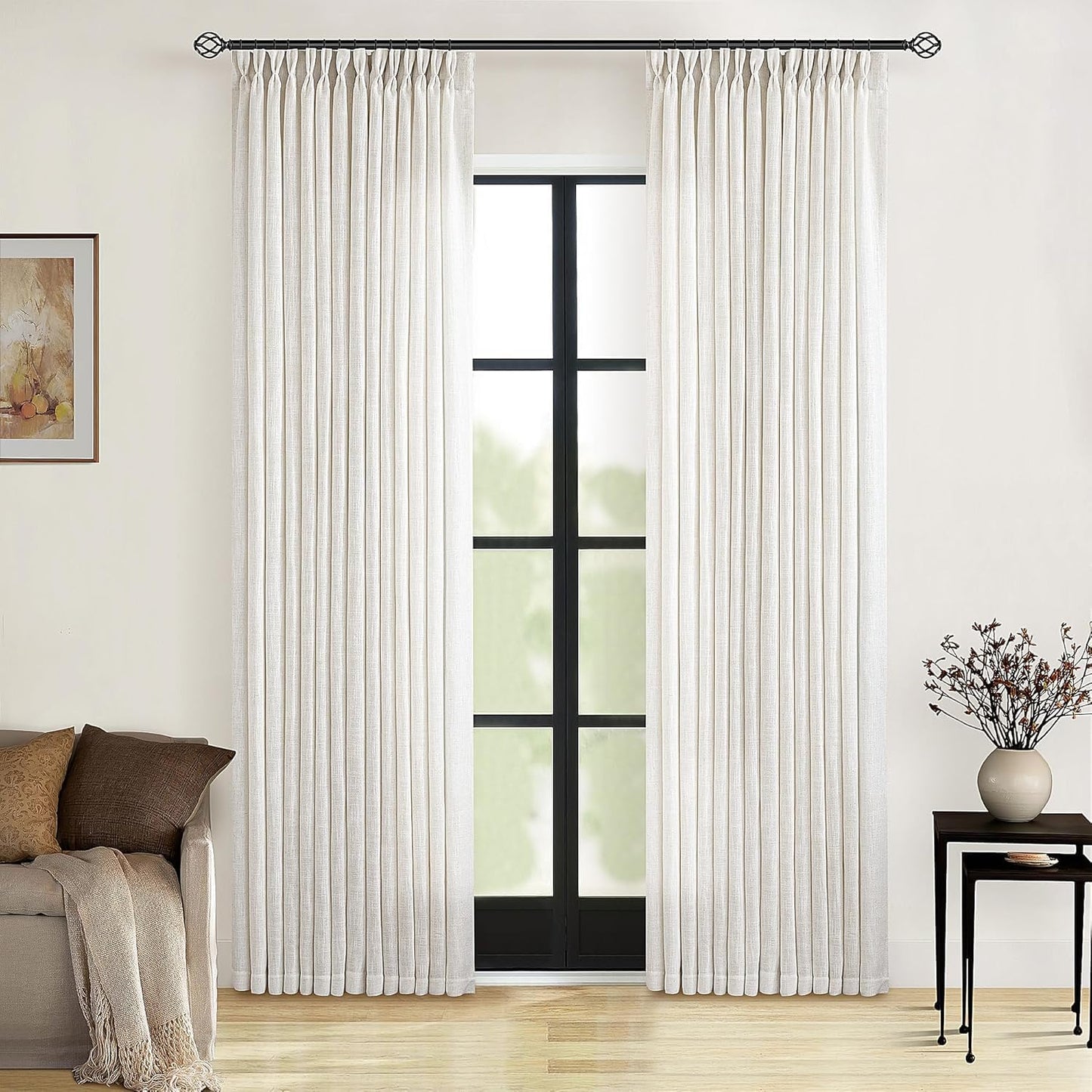 90 Inch Pinch Pleated Linen Curtains 2 Panel Set, Cream Natural Thick Linen Textured Drapes, Ivory Semi Sheer Curtain
