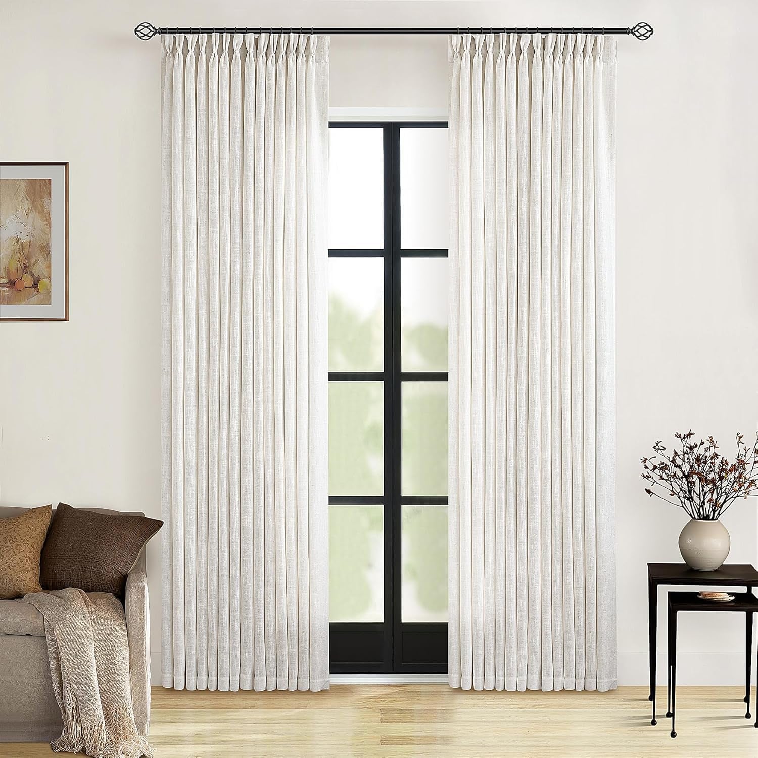 90 Inch Pinch Pleated Linen Curtains 2 Panel Set, Cream Natural Thick Linen Textured Drapes, Ivory Semi Sheer Curtain