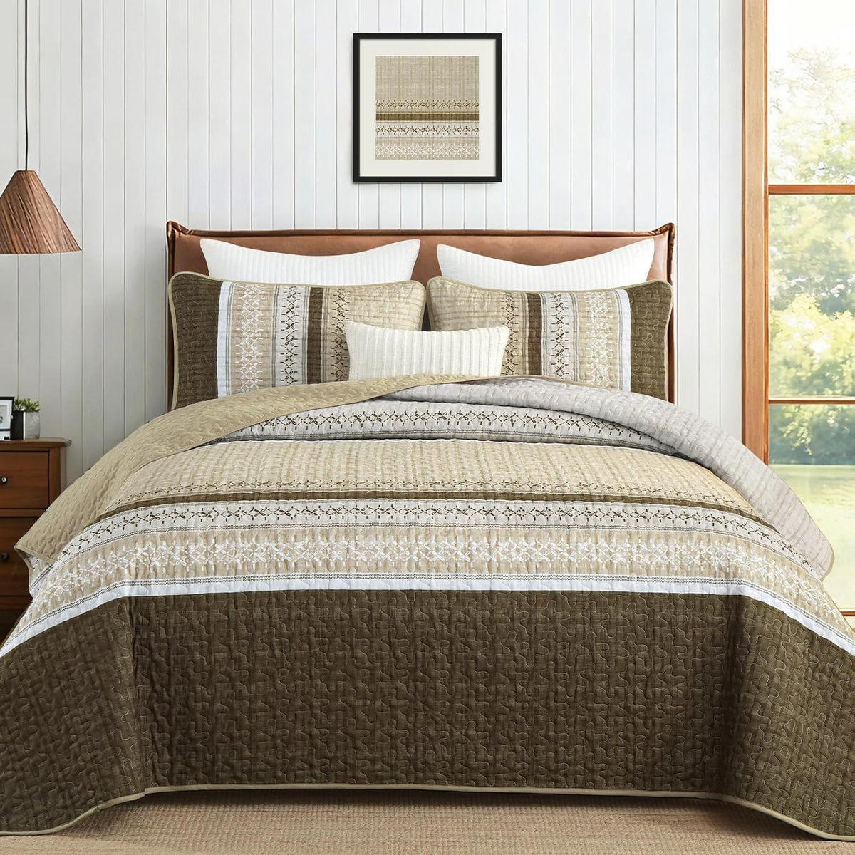 Brown California King Quilt Set,Striped Texture Bedspread 3 Pcs