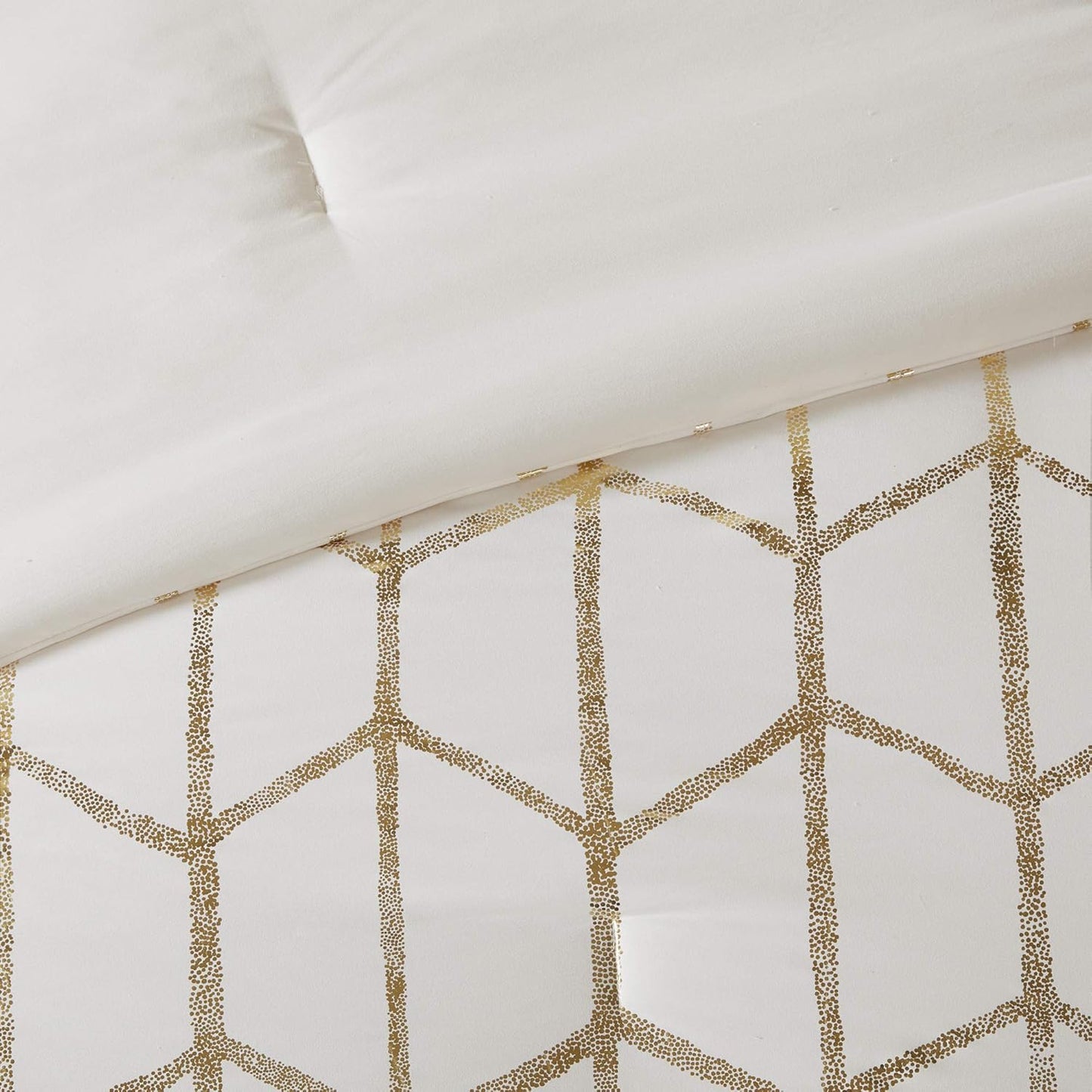 Raina King/Cal King Comforter Set, Modern Geometric Metallic Bed Set, 5 Pieces with 2 Shams, 2 Toss Pillows Ivory/Gold