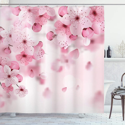 Floral Shower Curtain, Japanese Sakura Flowers with Hooks, 69" W X 70" L, Pale Pink Pale Pink