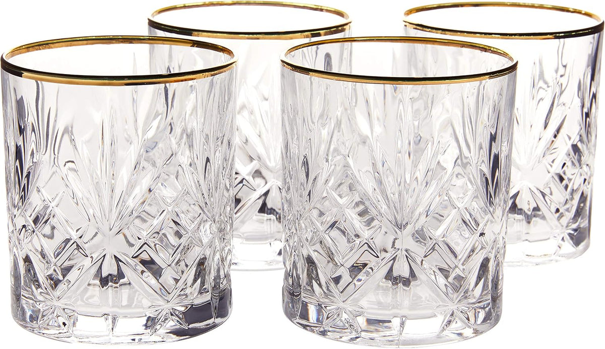 Siena Collection Crystal Double Old Fashion Beverage Glass with Gold Band Design, Set of 4,10 FL OZ