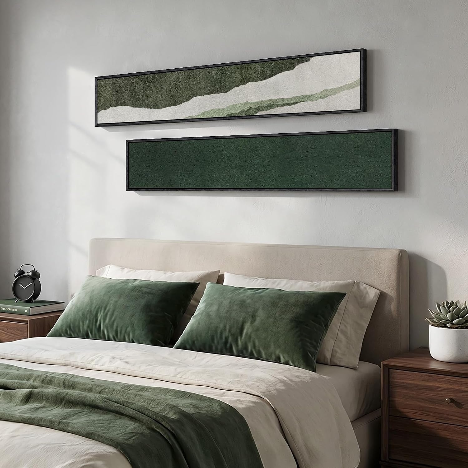 Framed Green White Vertical Abstract Wall Art Decor for Hallway, 2 Piece Long Narrow