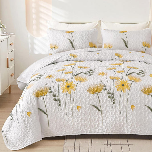 Floral Quilt Set California King Size, Yellow Flower Bedspread Farmhouse Fall Bedding Soft Lightweight Summer Quilts 3 Piece (Cal King,110"X96")