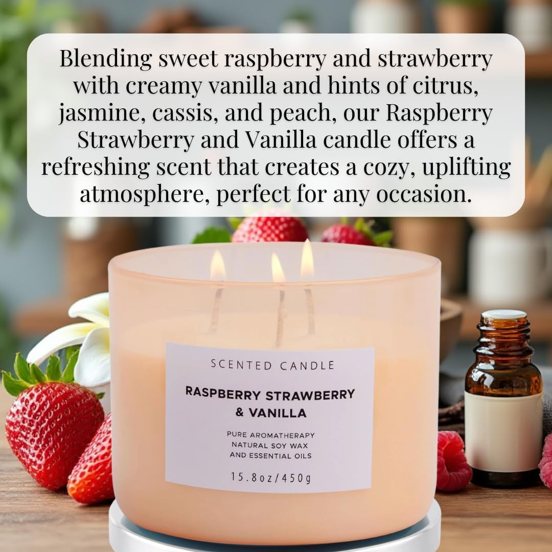 Raspberry Strawberry Vanilla Candle | Large 3 Wick Highly Scented Candle15.8 Oz