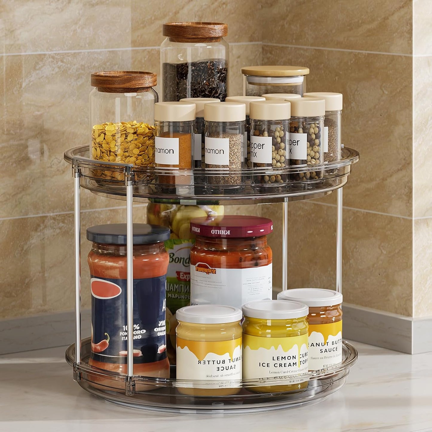 2 Tier Lazy Susan Turntable Organizer 9.25'' Rotating Spice Rack Organization for  Kitchen, Grey