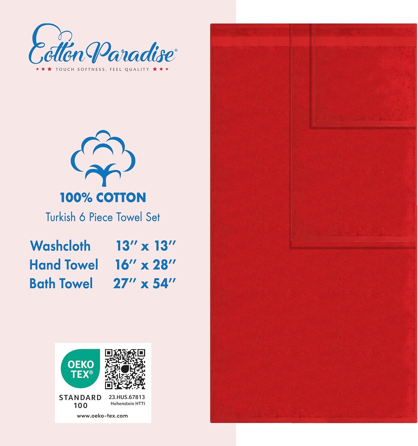 6 Piece Towel Set, 100% Cotton Soft Absorbent Turkish Towels, Red Towel Set