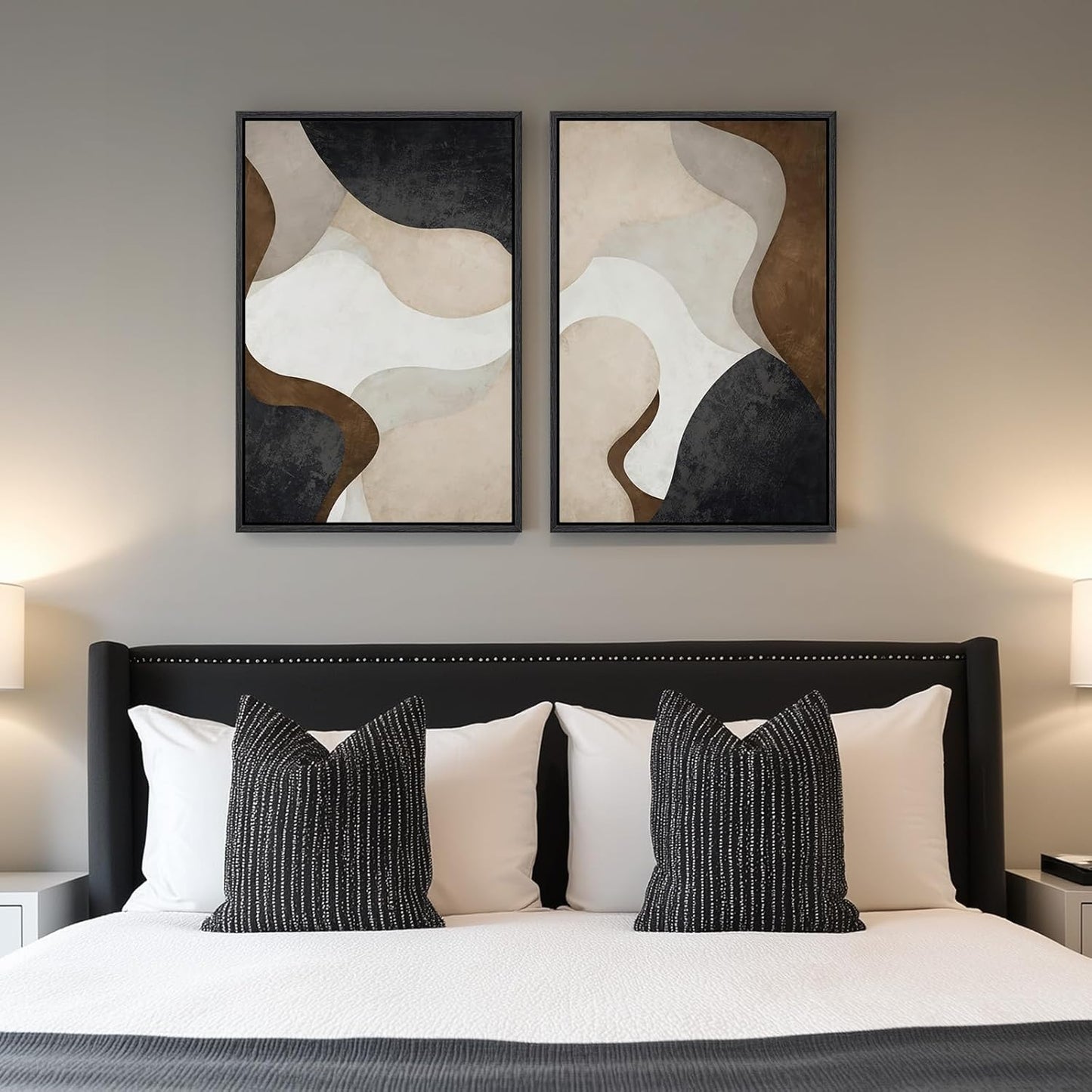 Framed Neutral Abstract Minimalist Wall Art Set of 2, Modern Canvas Prints Paintings Artwork for Walls, Black Beige Brown Abstract Art Pictures, 16X24 In