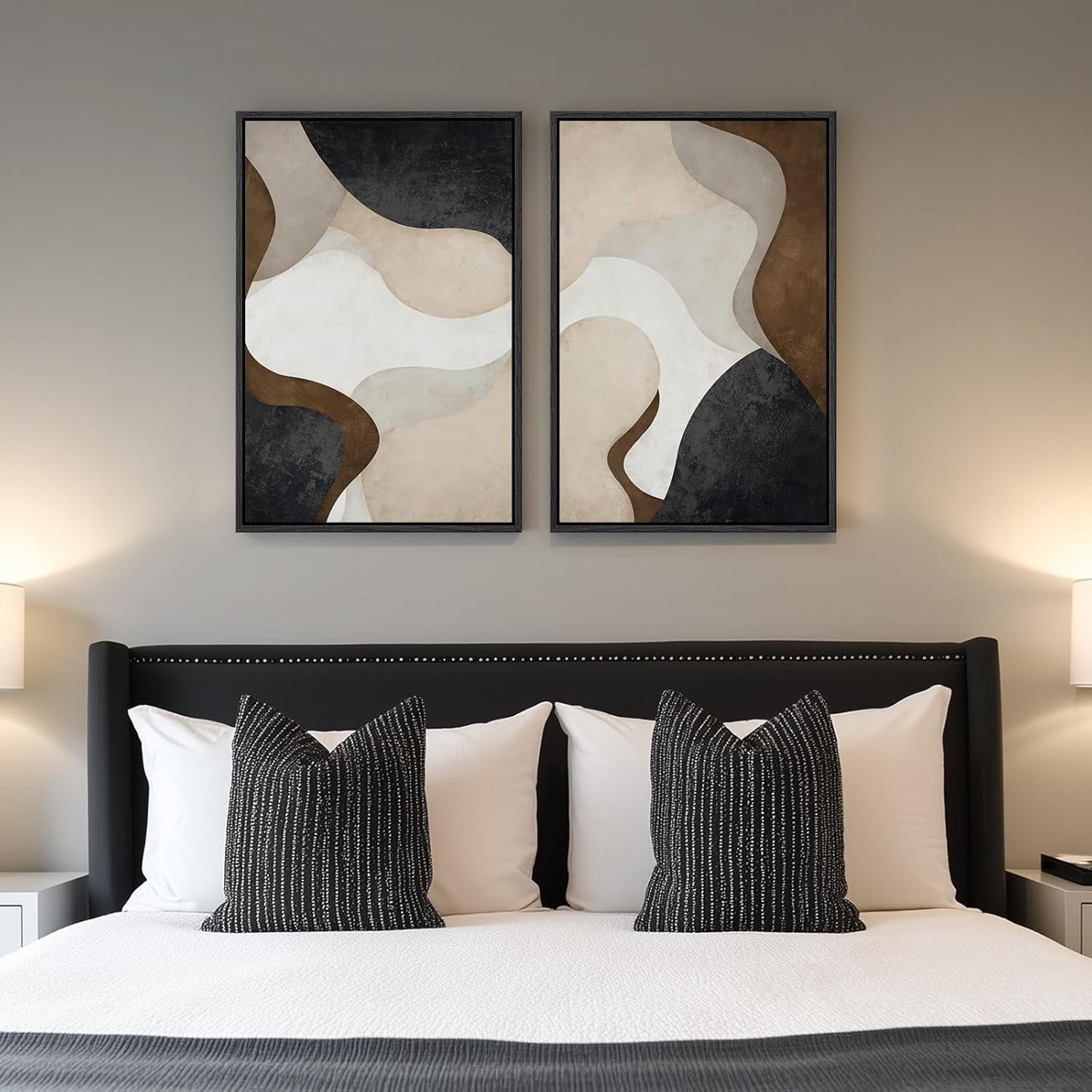 Framed Neutral Abstract Minimalist Wall Art Set of 2, Modern Canvas Prints Paintings Artwork for Walls, Black Beige Brown Abstract Art Pictures, 16X24 In