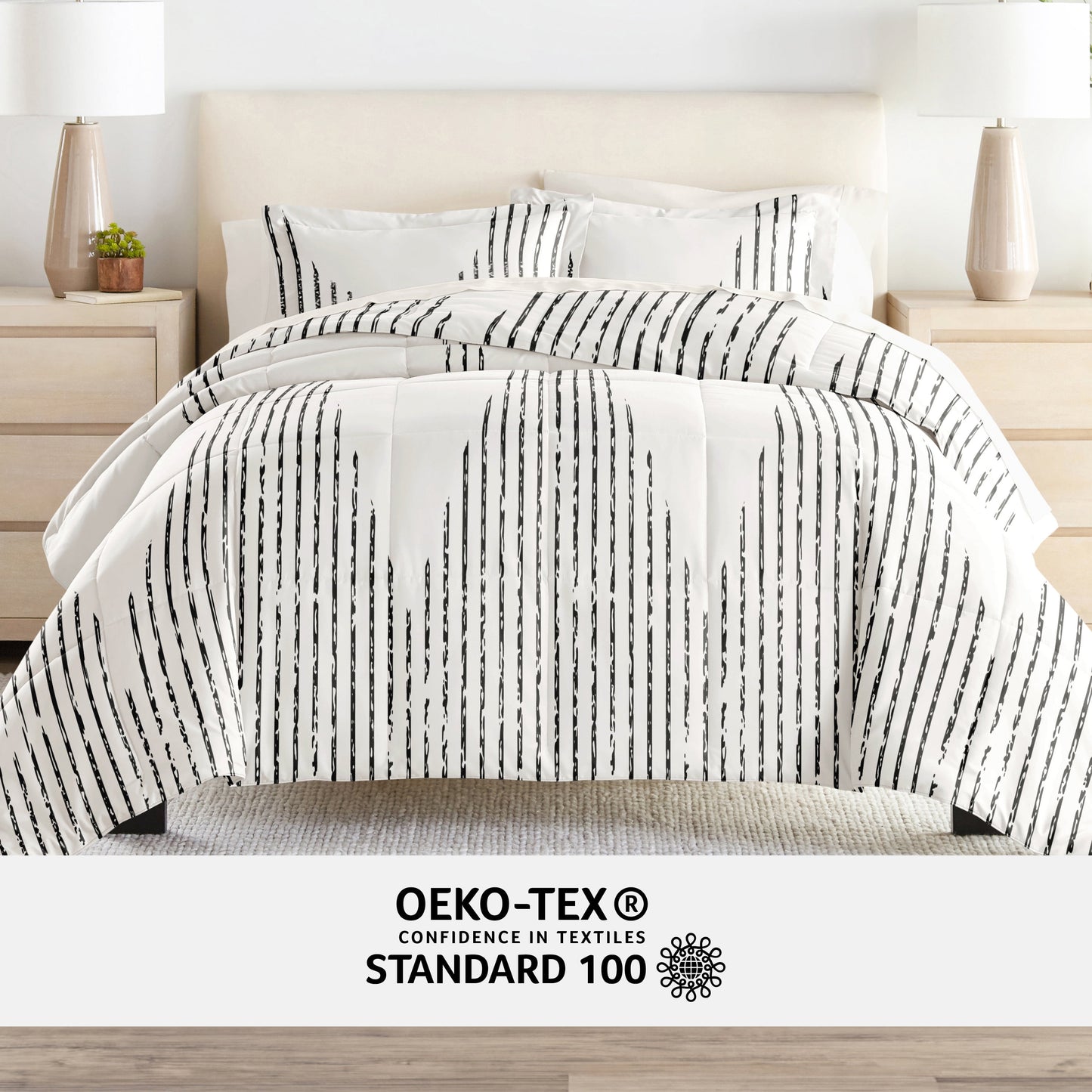 Full Bedding Bundle, Patterned Microfiber Comforter and Solid Sheet Set in Diamond Stripe Gray