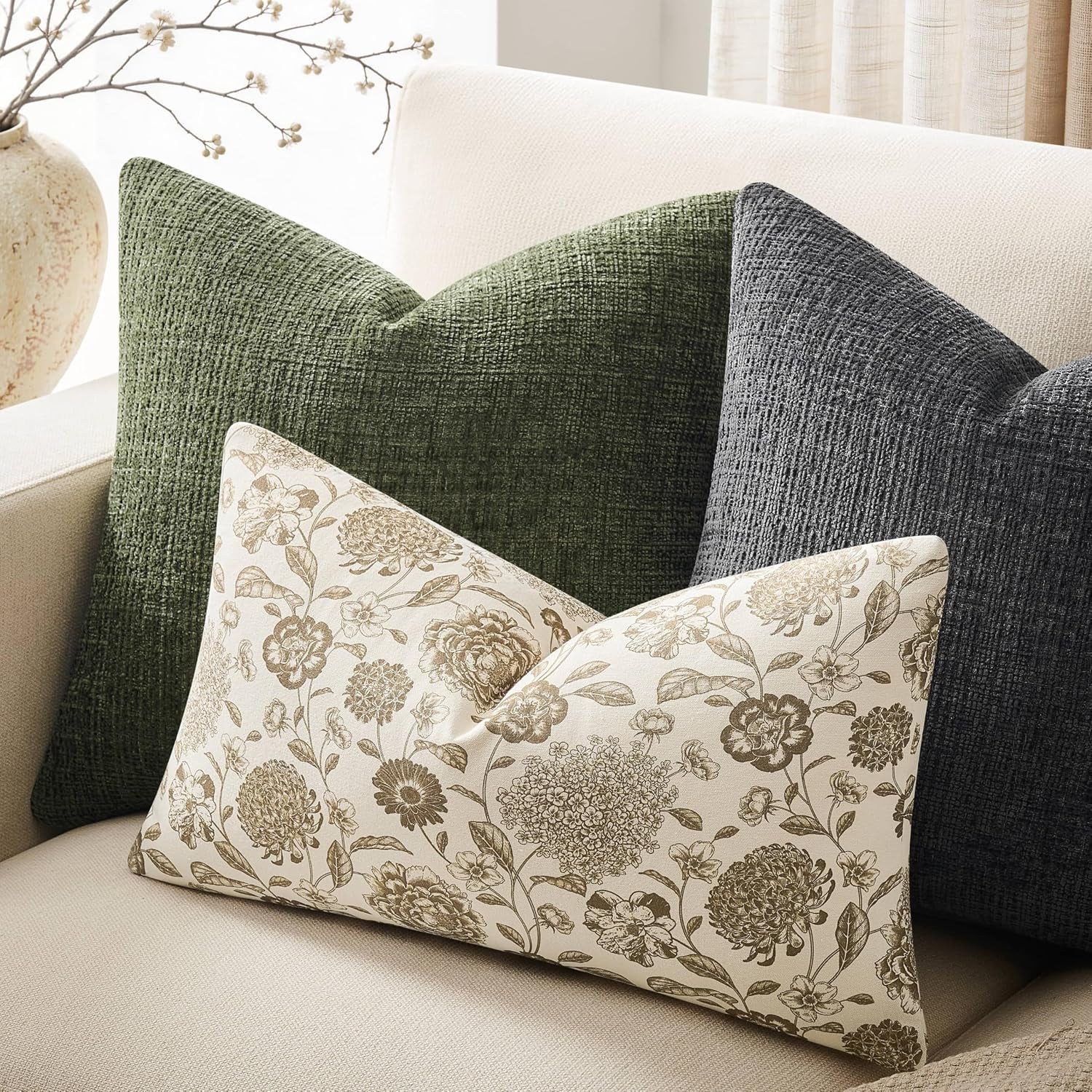 Botanical Lumbar Pillow Covers Set of 2, 12X20 Inch Latte